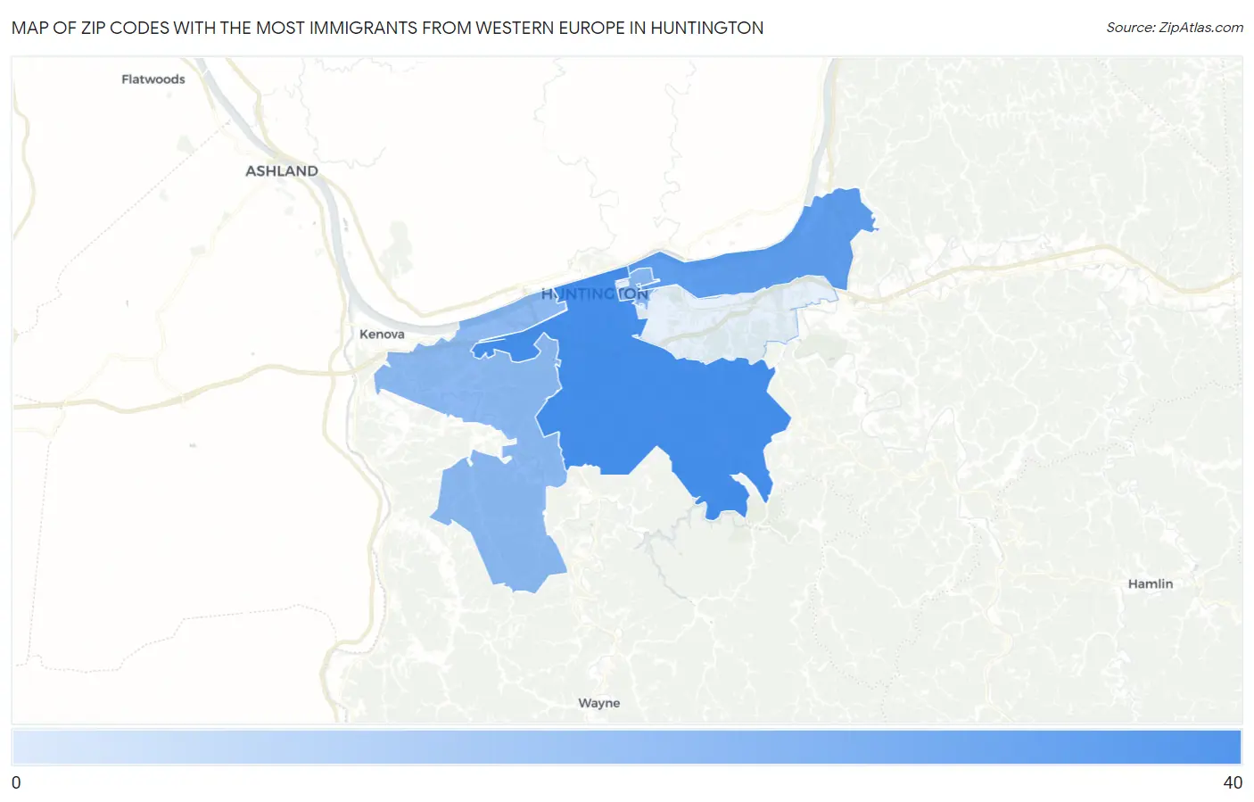 Zip Codes with the Most Immigrants from Western Europe in Huntington Map