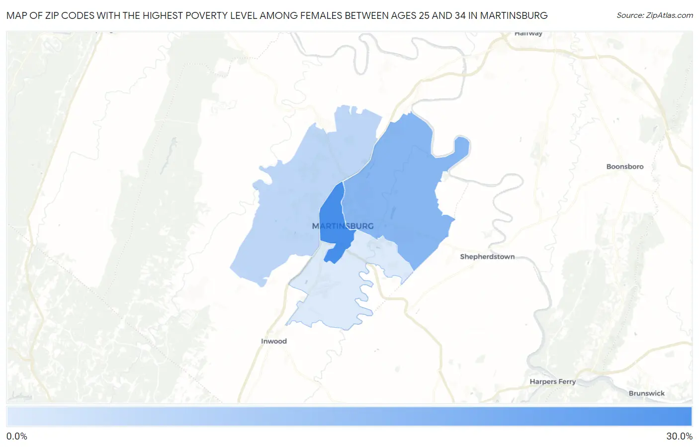 Zip Codes with the Highest Poverty Level Among Females Between Ages 25 and 34 in Martinsburg Map