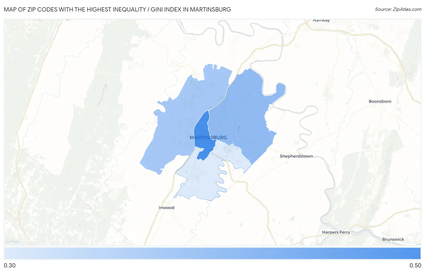 Zip Codes with the Highest Inequality / Gini Index in Martinsburg Map