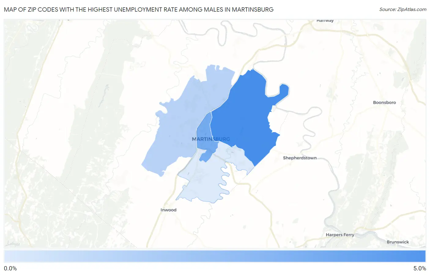 Zip Codes with the Highest Unemployment Rate Among Males in Martinsburg Map