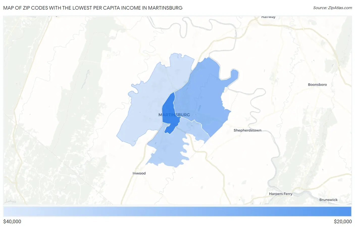 Zip Codes with the Lowest Per Capita Income in Martinsburg Map