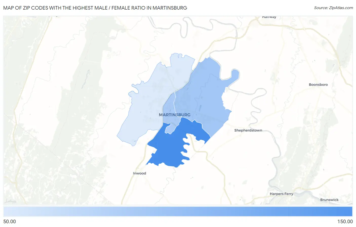 Zip Codes with the Highest Male / Female Ratio in Martinsburg Map