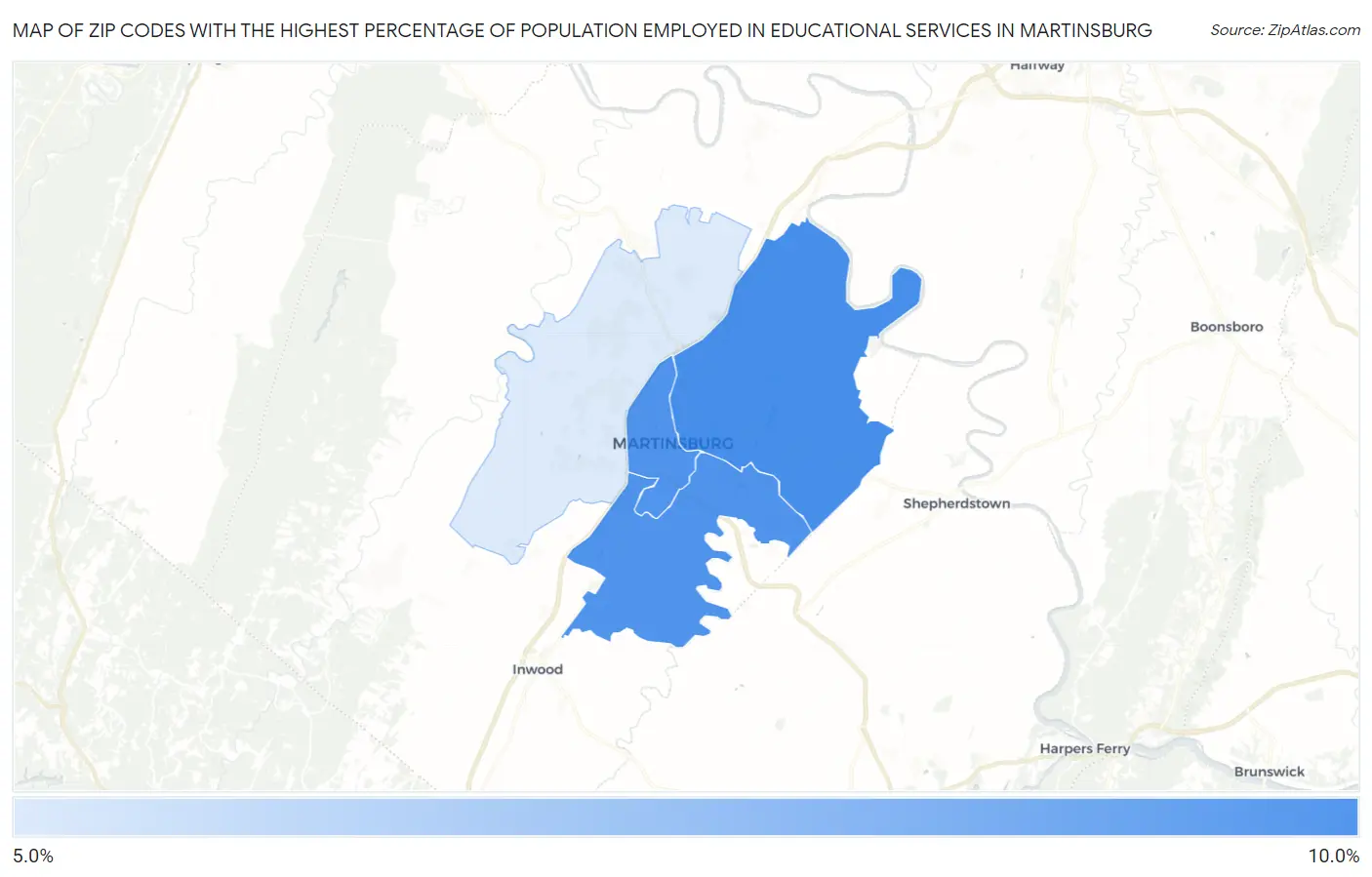 Zip Codes with the Highest Percentage of Population Employed in Educational Services in Martinsburg Map
