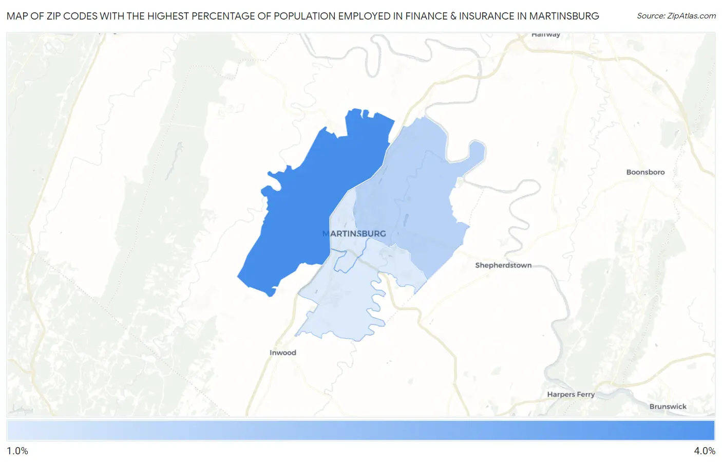 Zip Codes with the Highest Percentage of Population Employed in Finance & Insurance in Martinsburg Map
