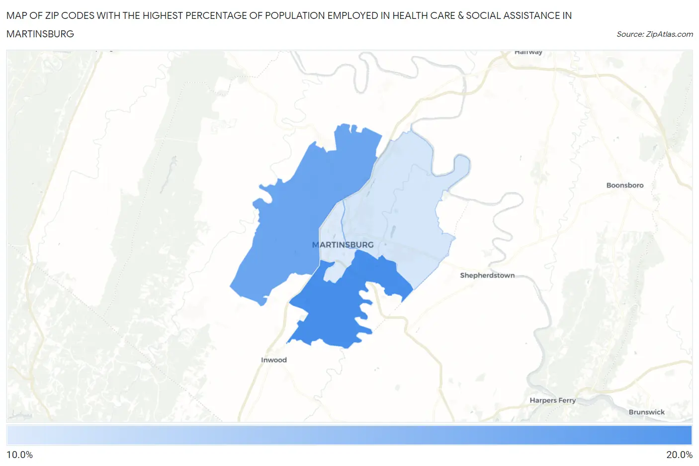 Zip Codes with the Highest Percentage of Population Employed in Health Care & Social Assistance in Martinsburg Map