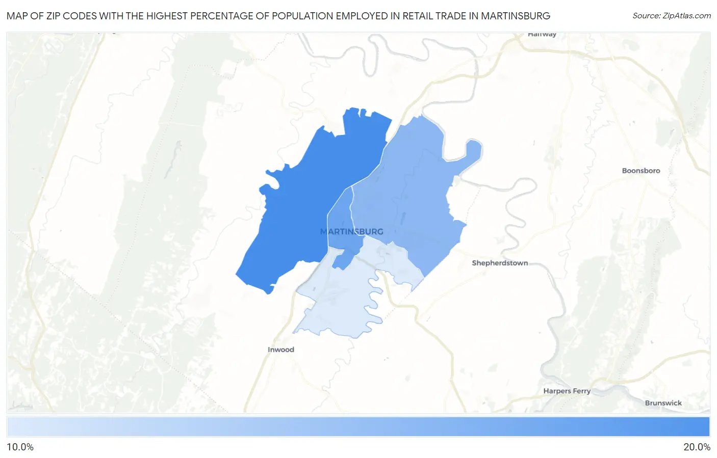 Zip Codes with the Highest Percentage of Population Employed in Retail Trade in Martinsburg Map