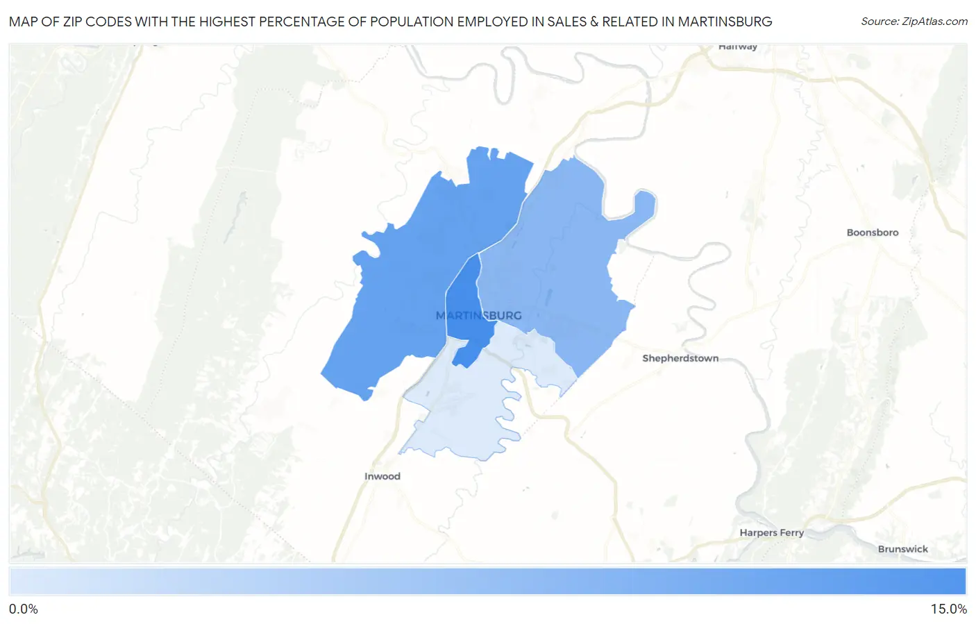 Zip Codes with the Highest Percentage of Population Employed in Sales & Related in Martinsburg Map