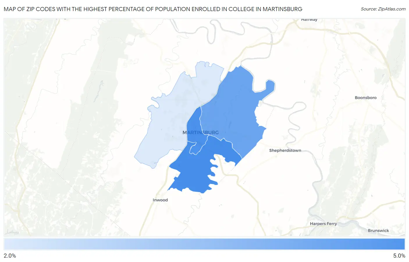 Zip Codes with the Highest Percentage of Population Enrolled in College in Martinsburg Map