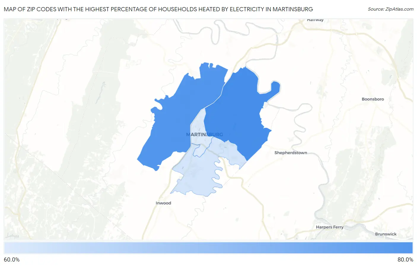 Zip Codes with the Highest Percentage of Households Heated by Electricity in Martinsburg Map