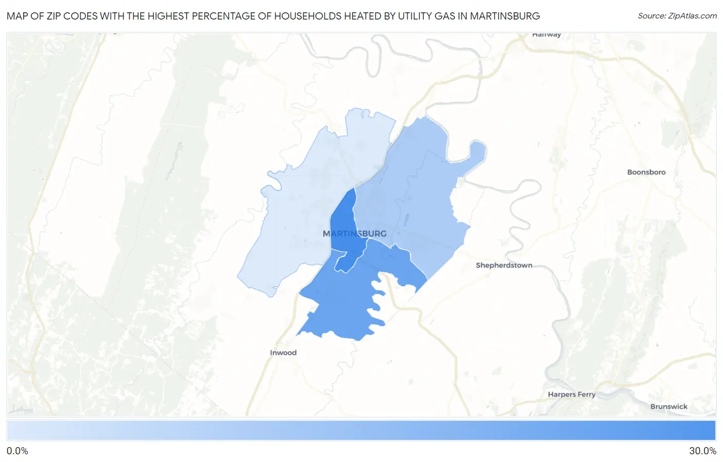 Zip Codes with the Highest Percentage of Households Heated by Utility Gas in Martinsburg Map