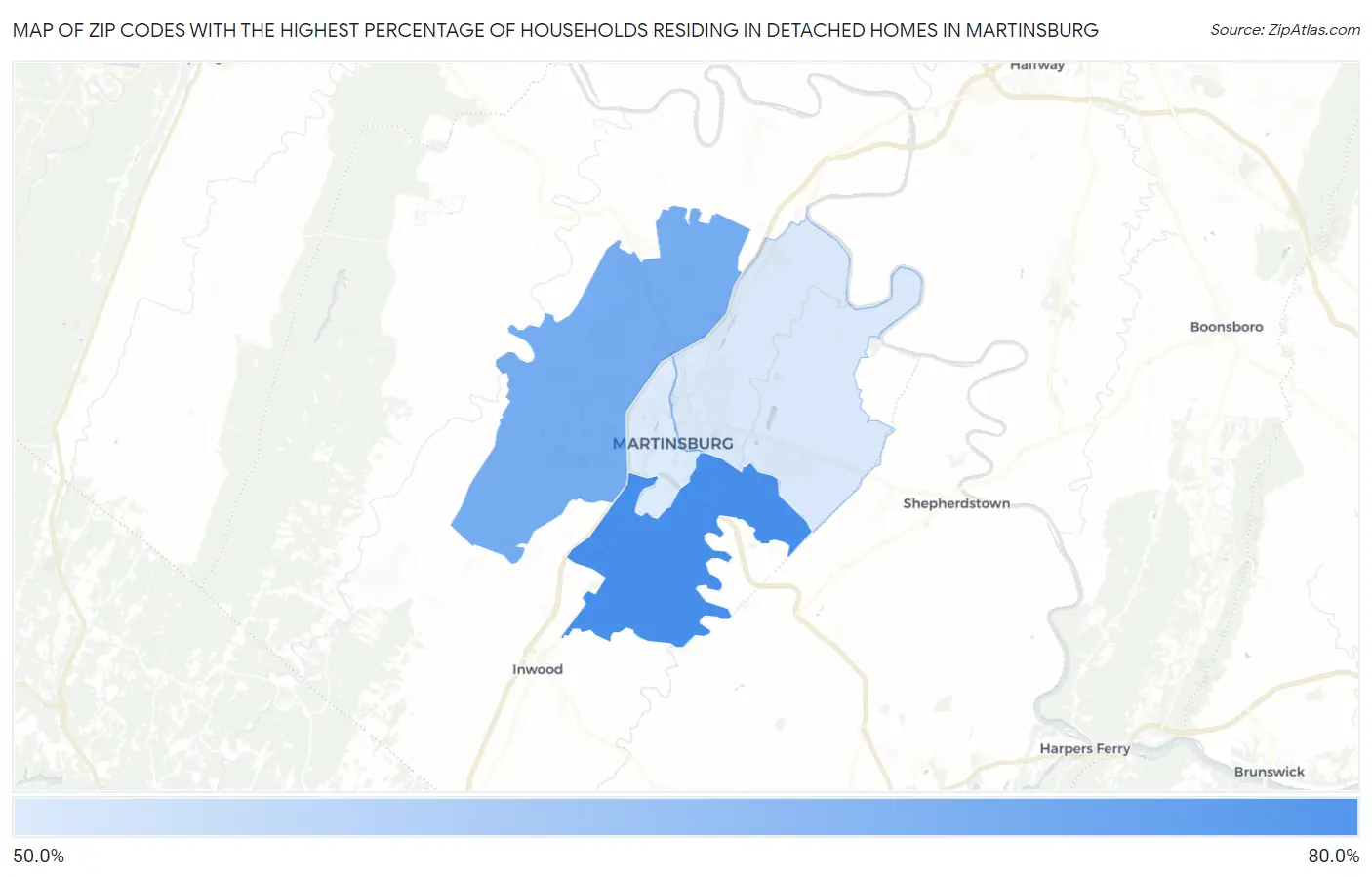 Zip Codes with the Highest Percentage of Households Residing in Detached Homes in Martinsburg Map