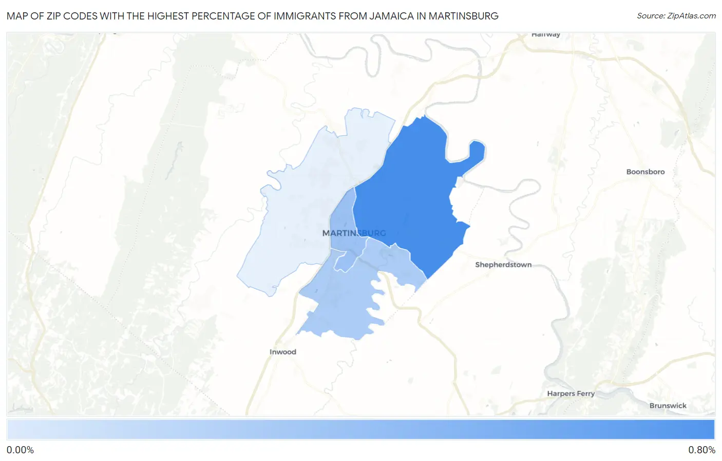Zip Codes with the Highest Percentage of Immigrants from Jamaica in Martinsburg Map