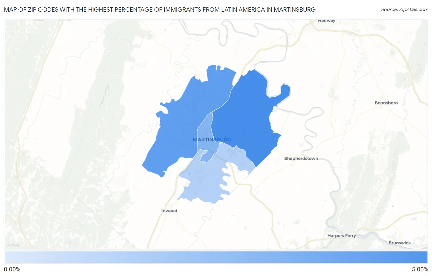 Zip Codes with the Highest Percentage of Immigrants from Latin America in Martinsburg Map