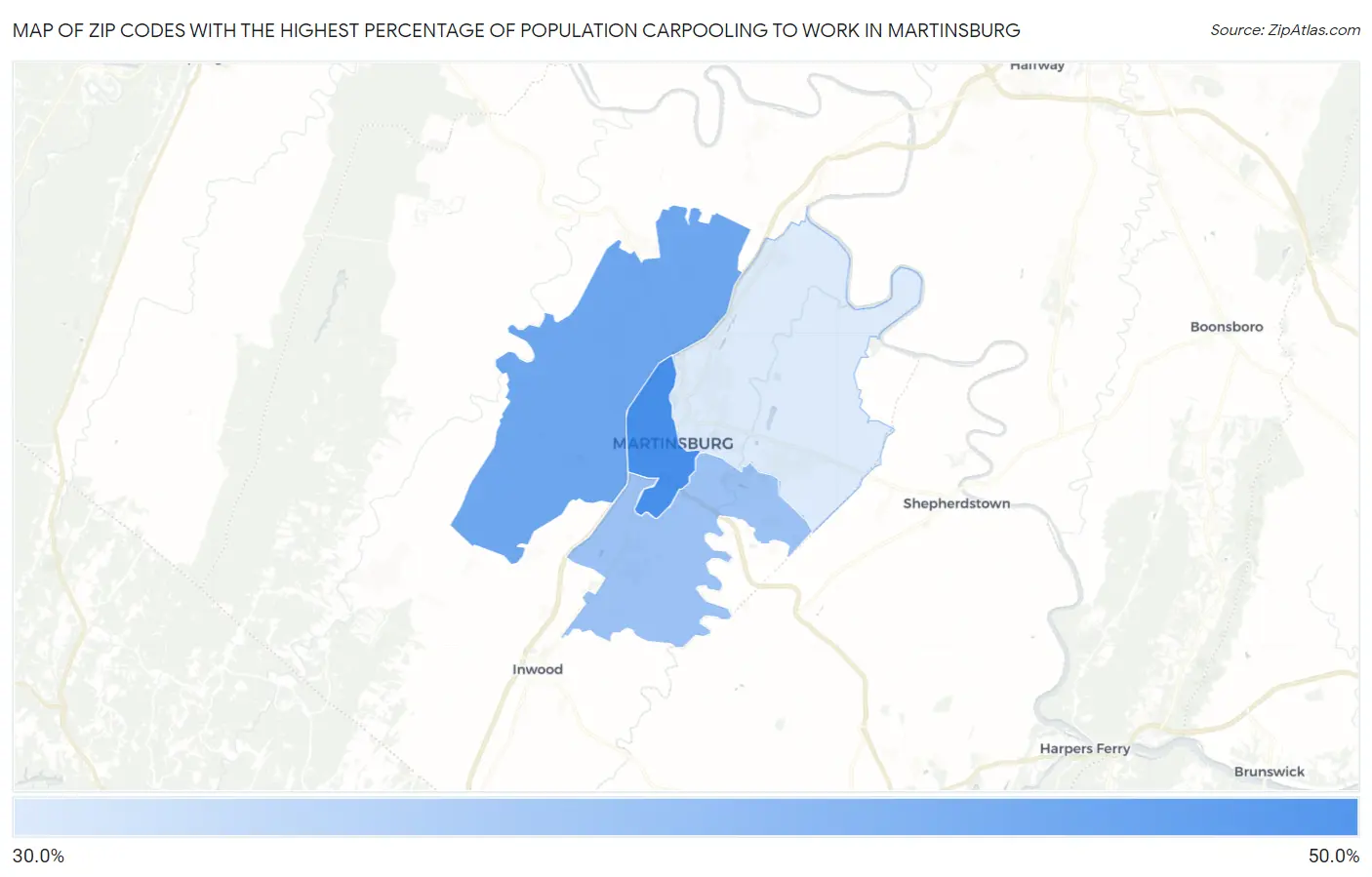 Zip Codes with the Highest Percentage of Population Carpooling to Work in Martinsburg Map