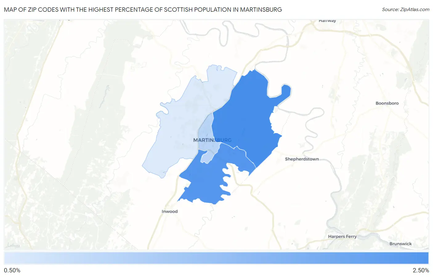 Zip Codes with the Highest Percentage of Scottish Population in Martinsburg Map