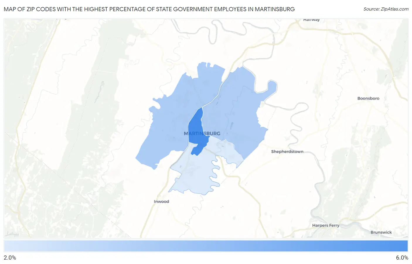 Zip Codes with the Highest Percentage of State Government Employees in Martinsburg Map