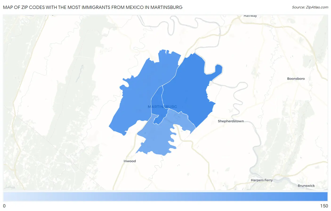 Zip Codes with the Most Immigrants from Mexico in Martinsburg Map