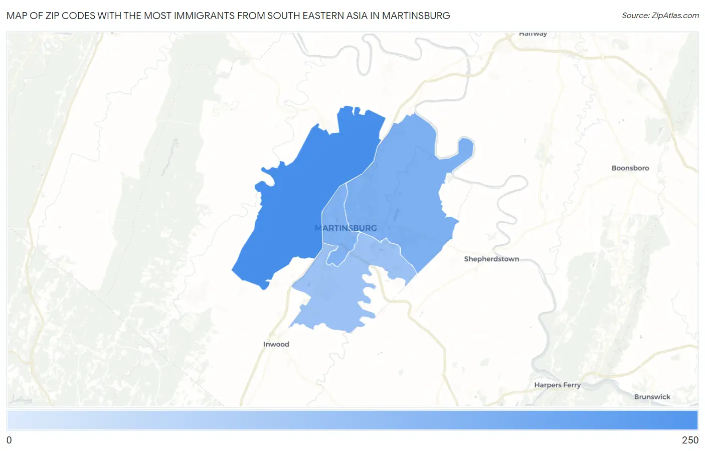 Zip Codes with the Most Immigrants from South Eastern Asia in Martinsburg Map