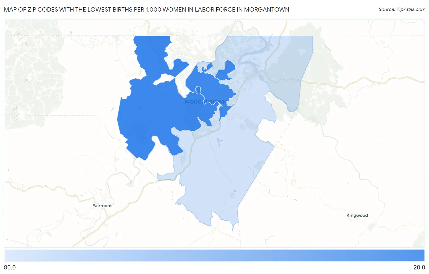 Zip Codes with the Lowest Births per 1,000 Women in Labor Force in Morgantown Map
