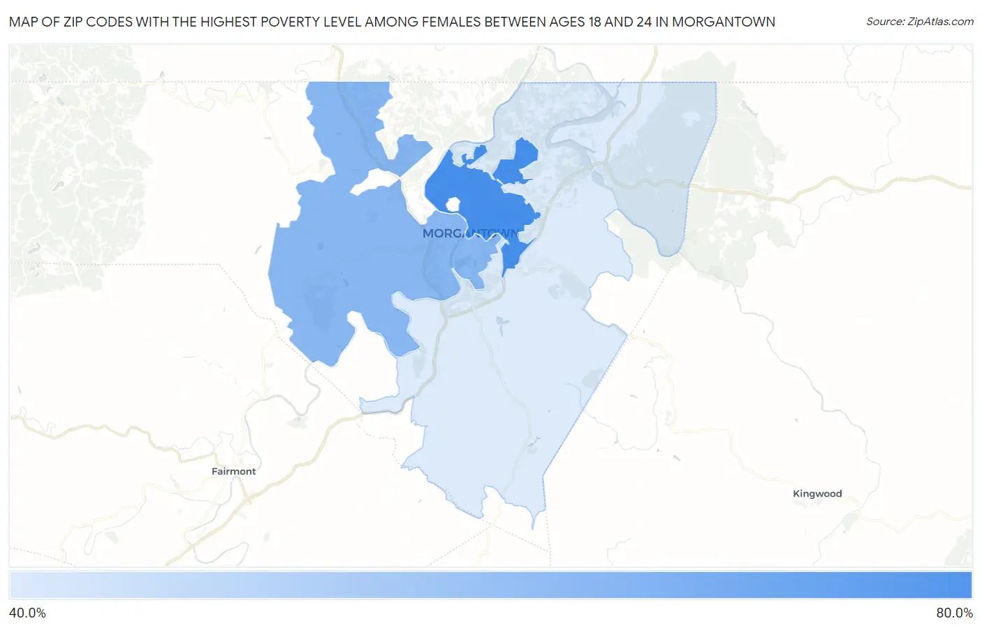 Zip Codes with the Highest Poverty Level Among Females Between Ages 18 and 24 in Morgantown Map