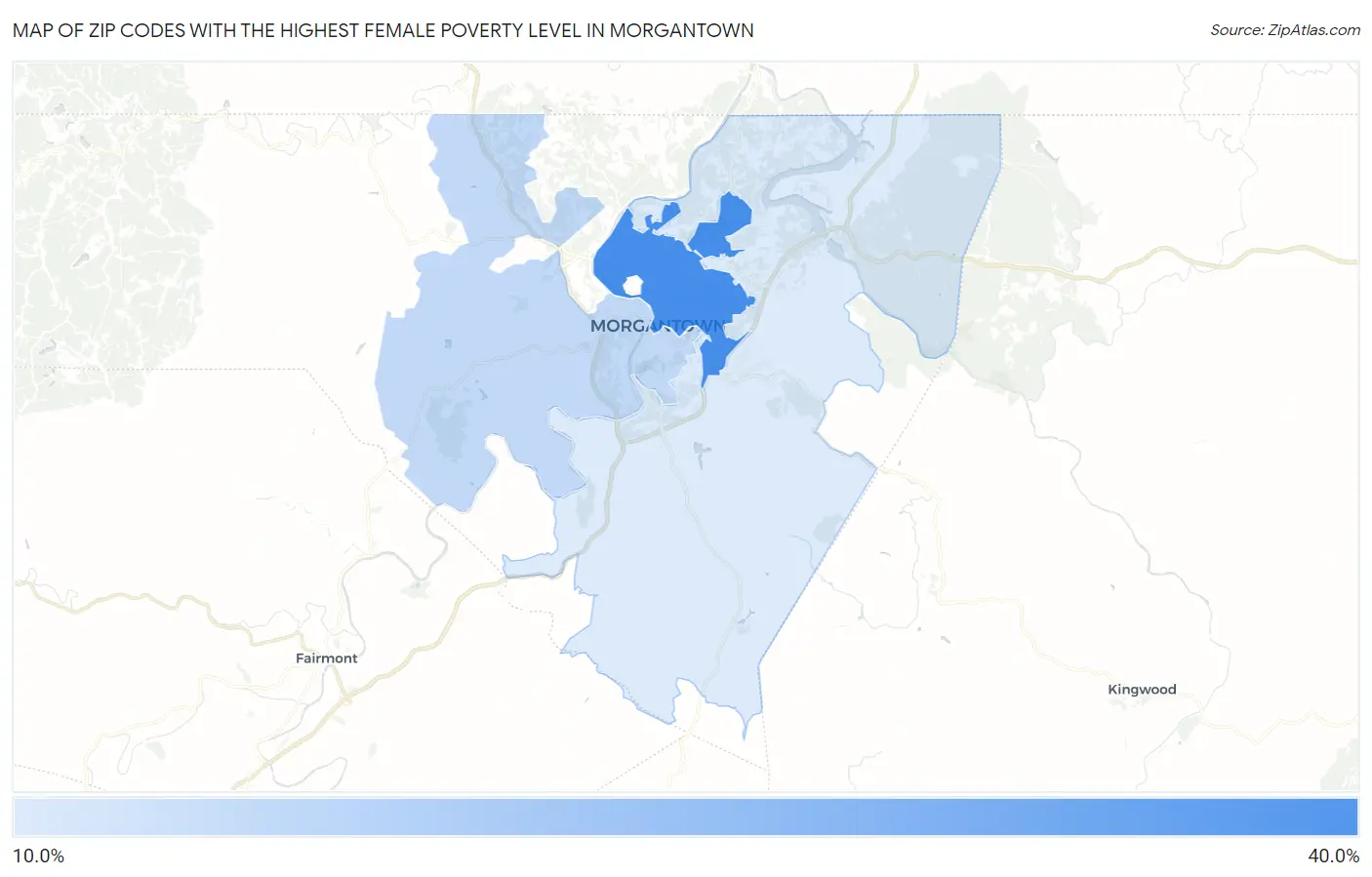 Zip Codes with the Highest Female Poverty Level in Morgantown Map