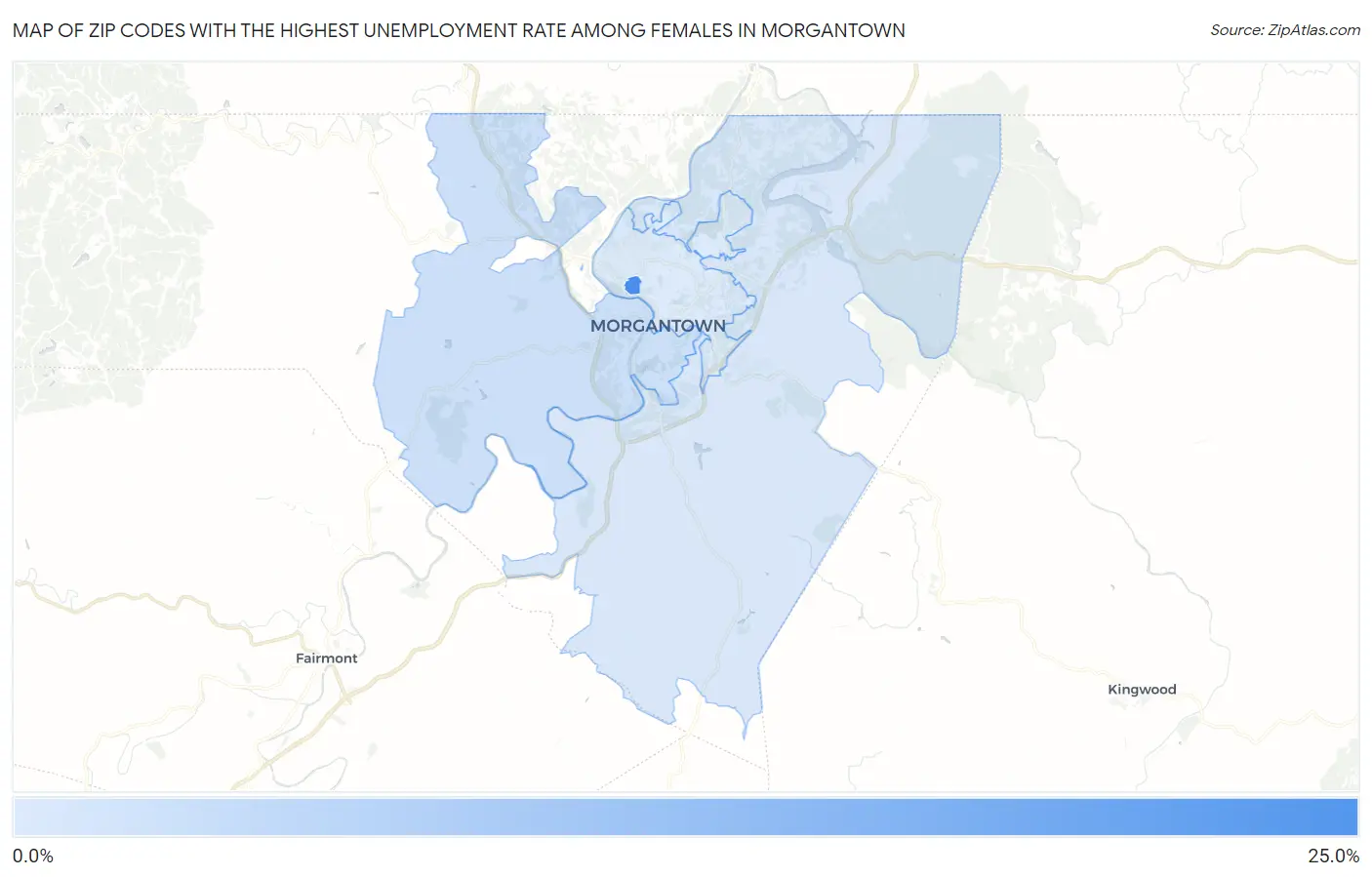 Zip Codes with the Highest Unemployment Rate Among Females in Morgantown Map