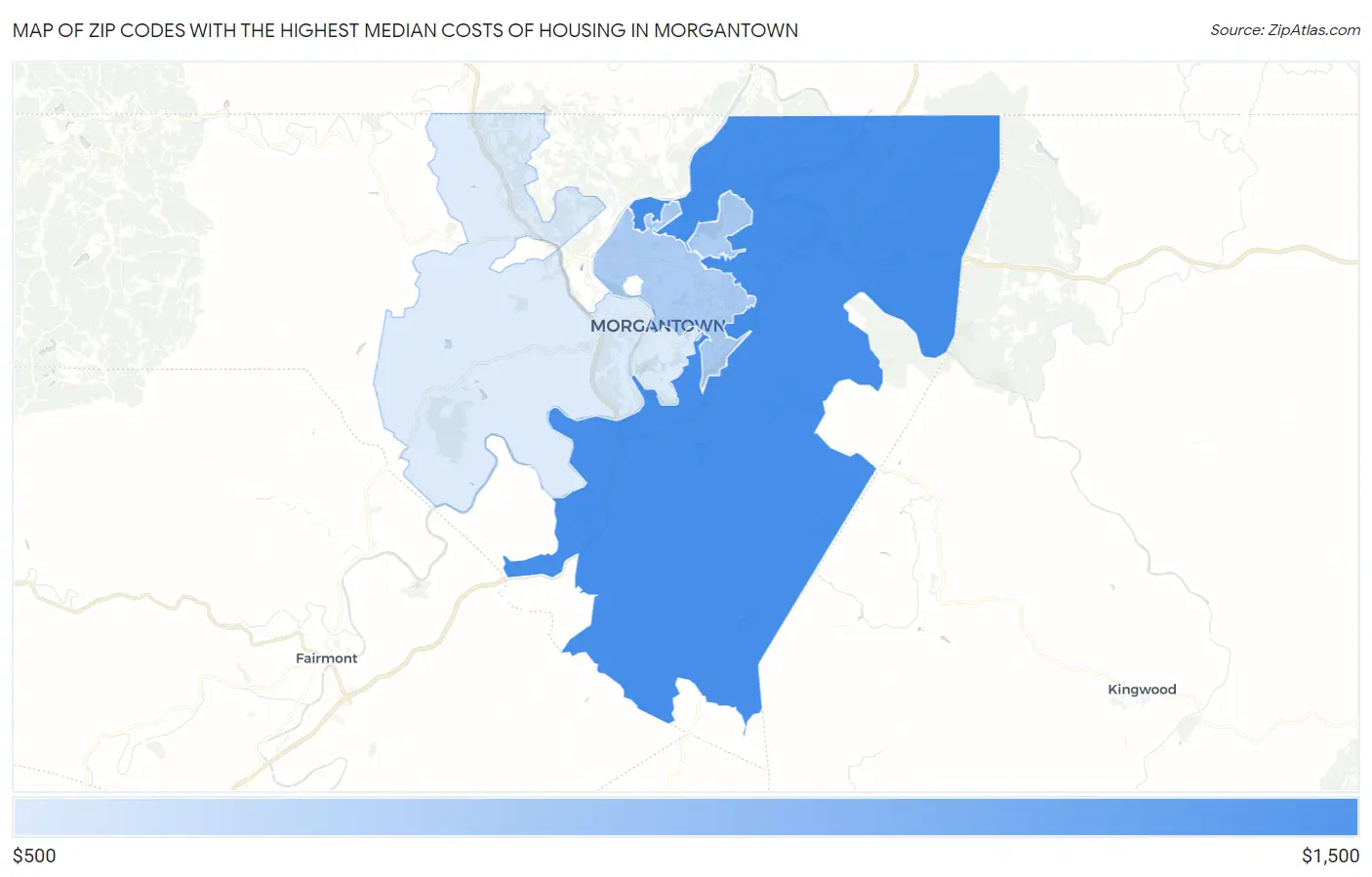 Zip Codes with the Highest Median Costs of Housing in Morgantown Map