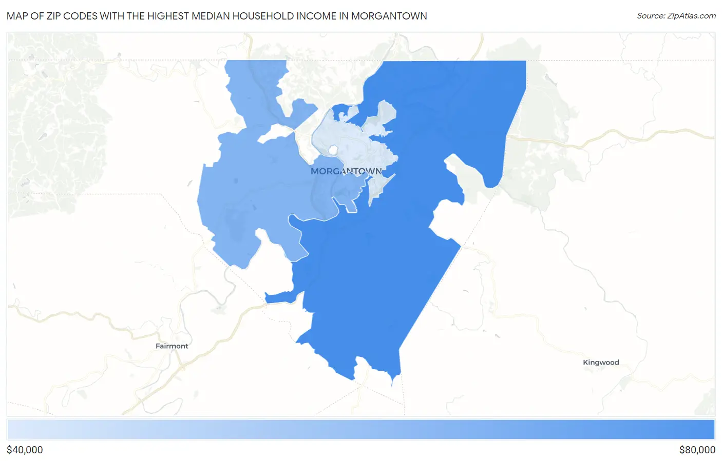 Zip Codes with the Highest Median Household Income in Morgantown Map