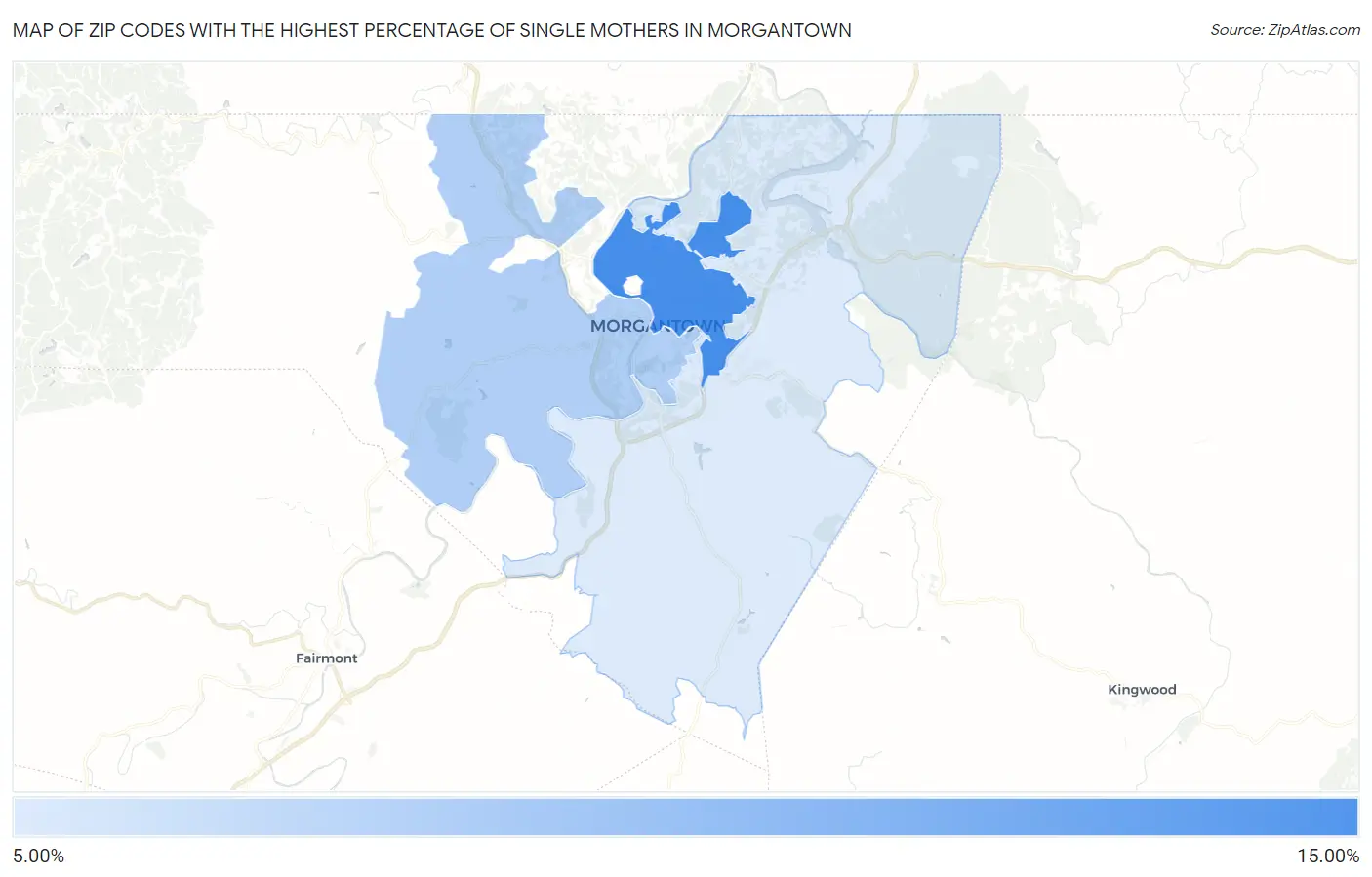 Zip Codes with the Highest Percentage of Single Mothers in Morgantown Map