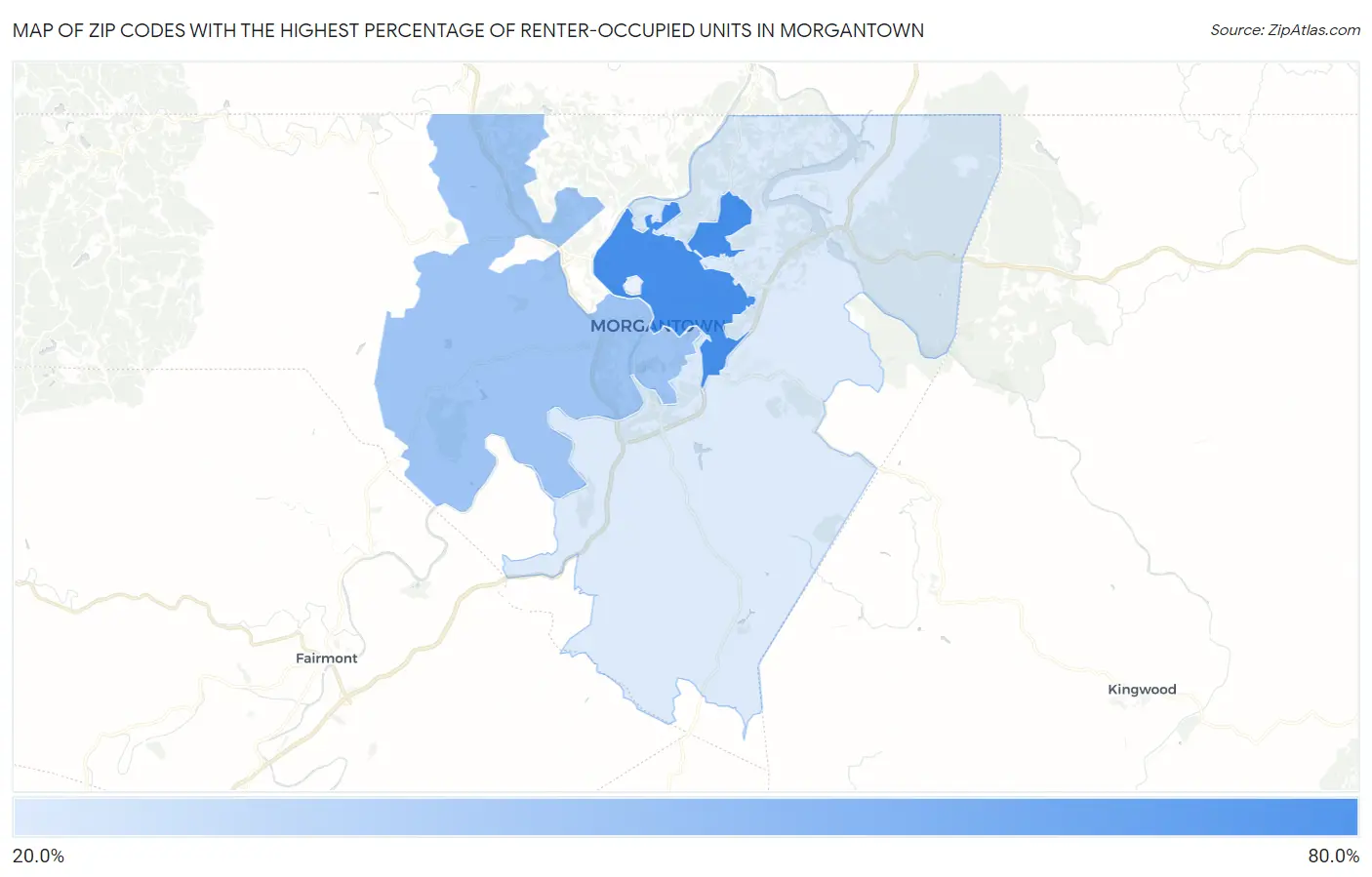Zip Codes with the Highest Percentage of Renter-Occupied Units in Morgantown Map
