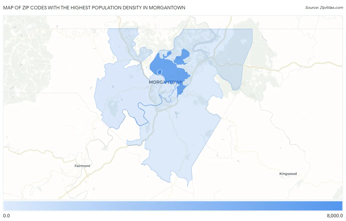 Zip Codes with the Highest Population Density in Morgantown Map