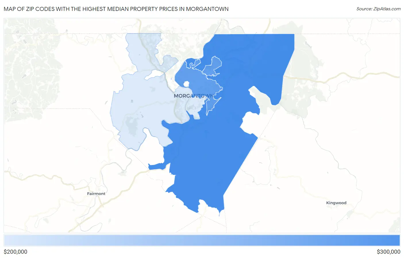 Zip Codes with the Highest Median Property Prices in Morgantown Map