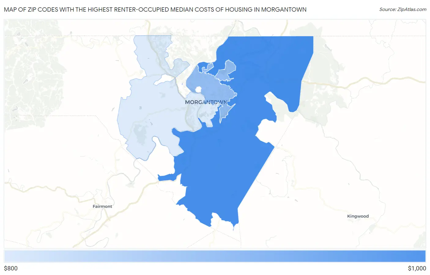 Zip Codes with the Highest Renter-Occupied Median Costs of Housing in Morgantown Map