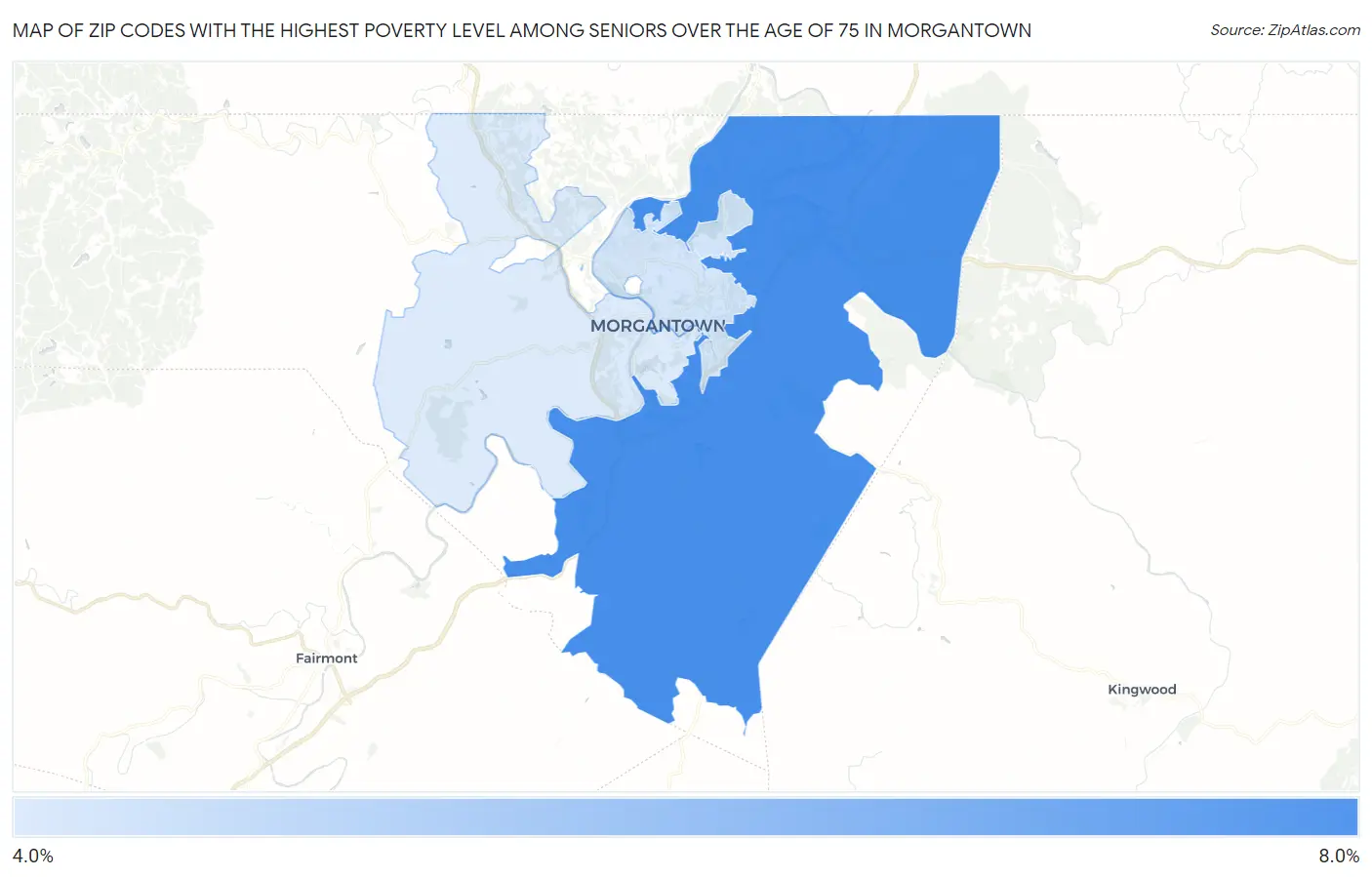 Zip Codes with the Highest Poverty Level Among Seniors Over the Age of 75 in Morgantown Map