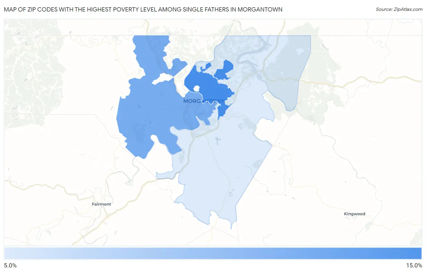 Zip Codes with the Highest Poverty Level Among Single Fathers in Morgantown Map