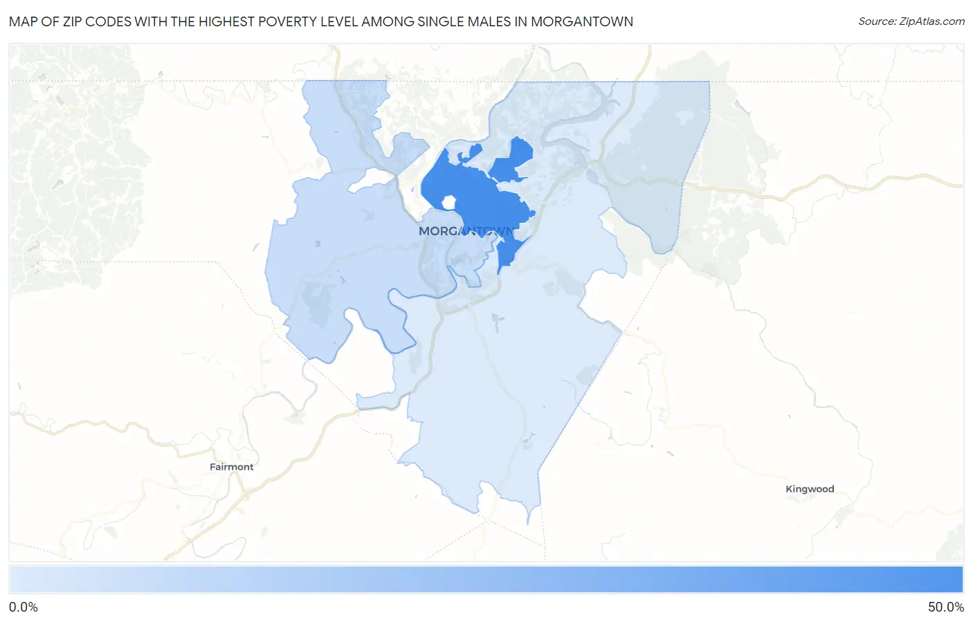 Zip Codes with the Highest Poverty Level Among Single Males in Morgantown Map