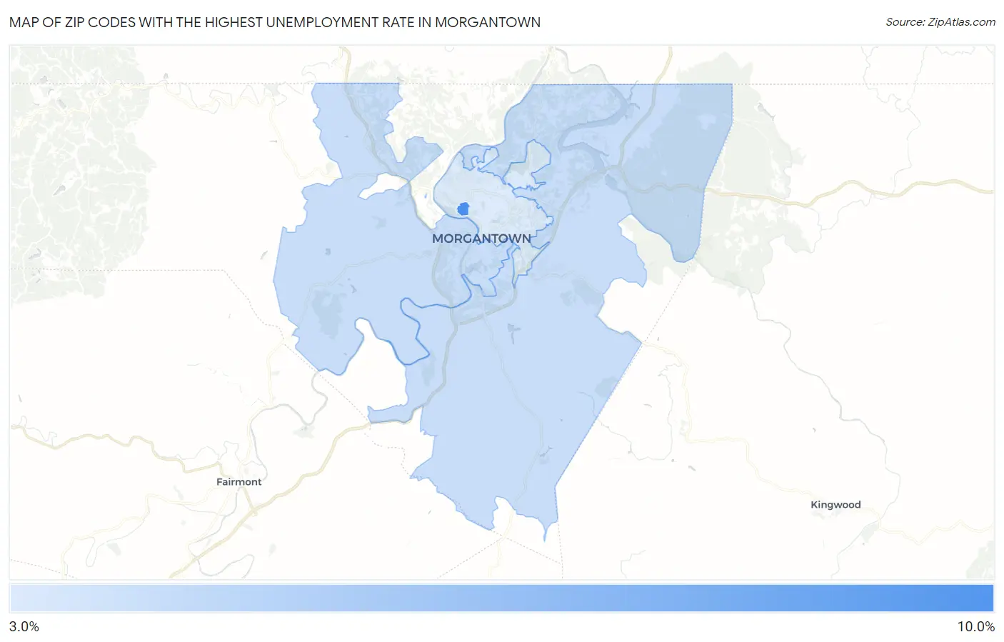 Zip Codes with the Highest Unemployment Rate in Morgantown Map