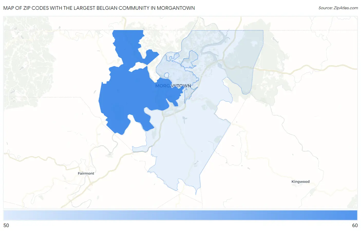 Zip Codes with the Largest Belgian Community in Morgantown Map