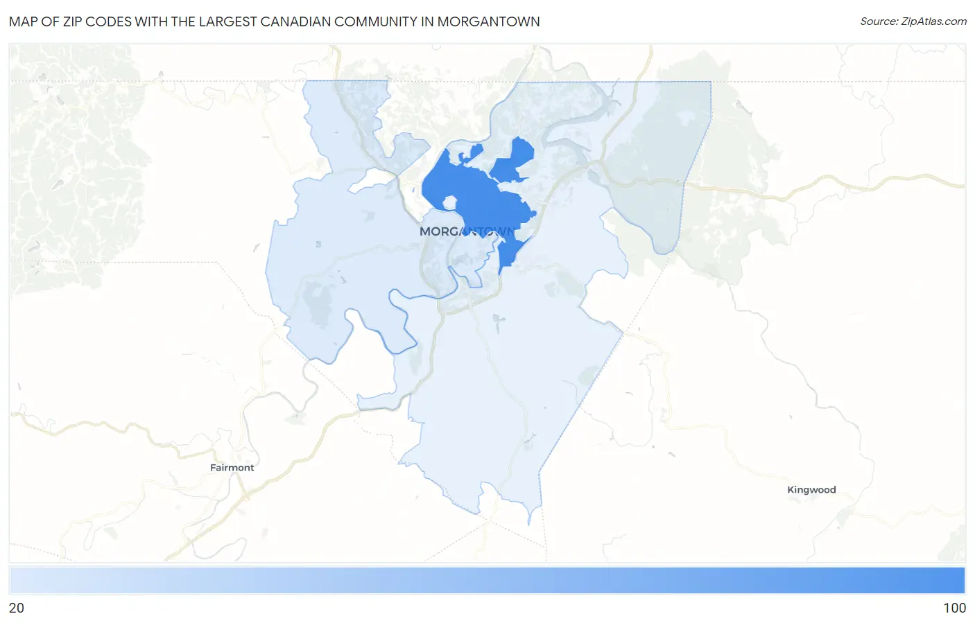 Zip Codes with the Largest Canadian Community in Morgantown Map