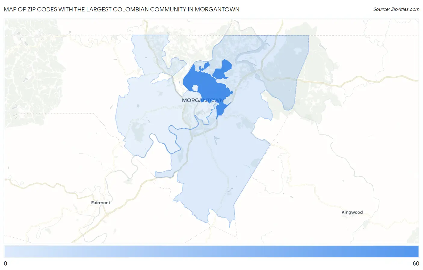 Zip Codes with the Largest Colombian Community in Morgantown Map