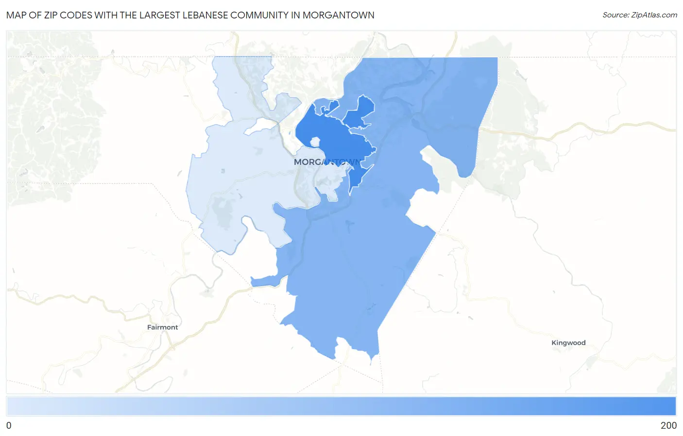 Zip Codes with the Largest Lebanese Community in Morgantown Map
