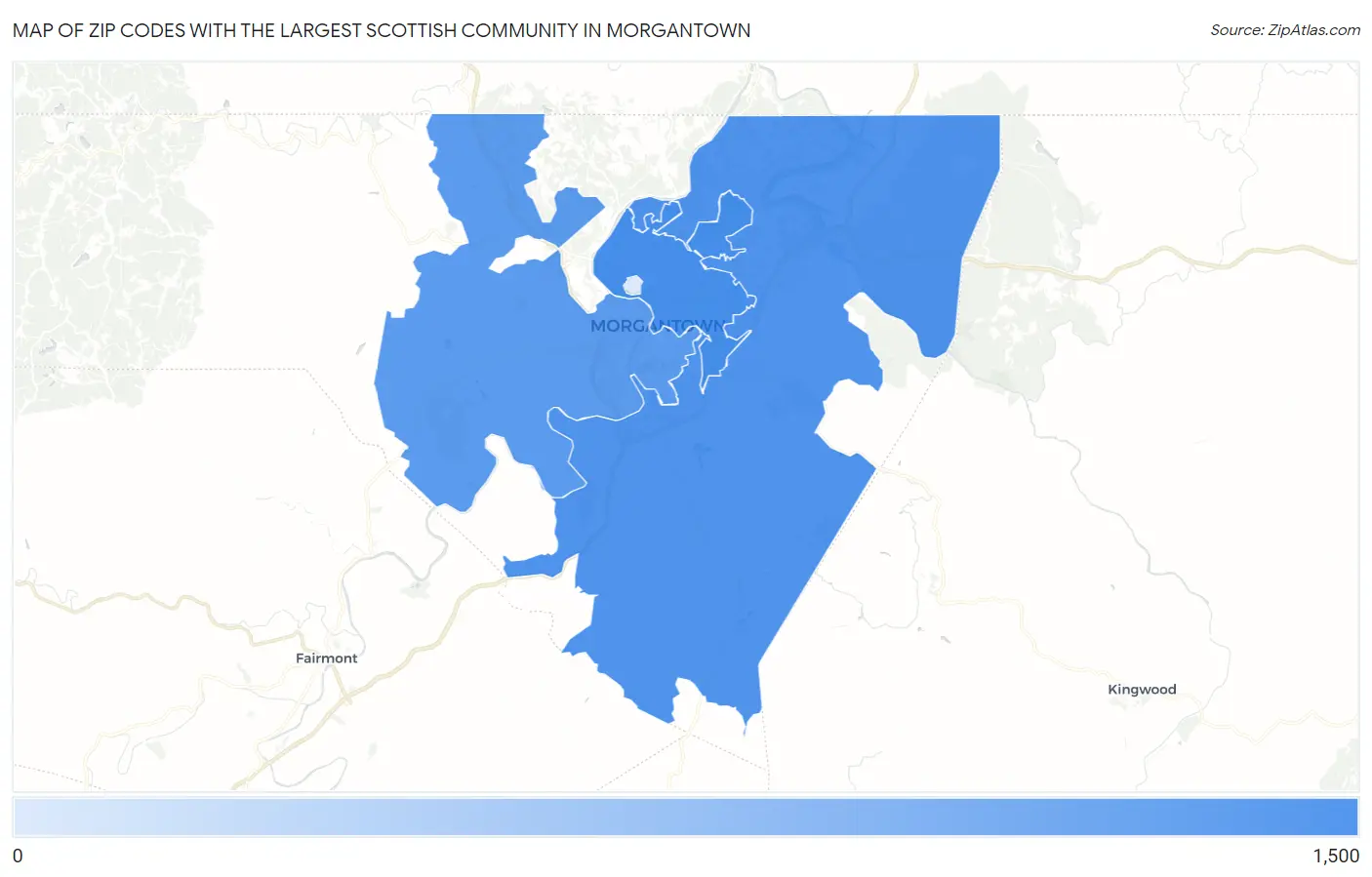 Zip Codes with the Largest Scottish Community in Morgantown Map