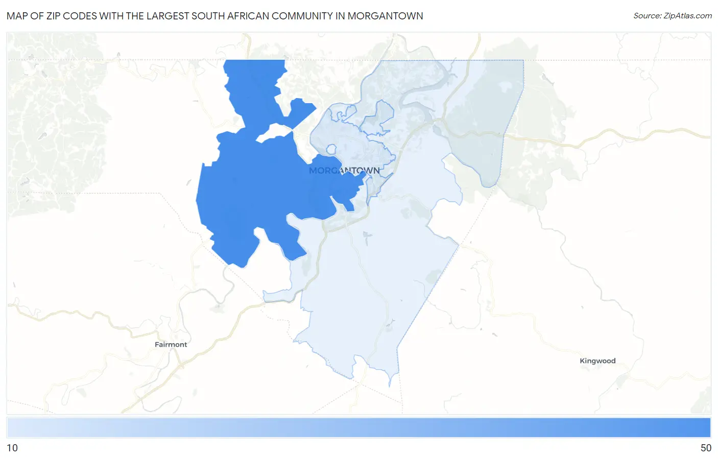 Zip Codes with the Largest South African Community in Morgantown Map