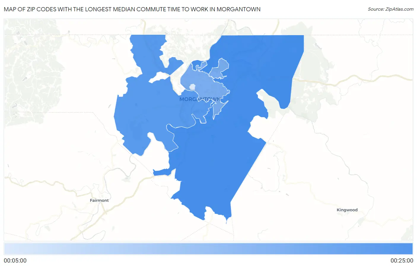 Zip Codes with the Longest Median Commute Time to Work in Morgantown Map