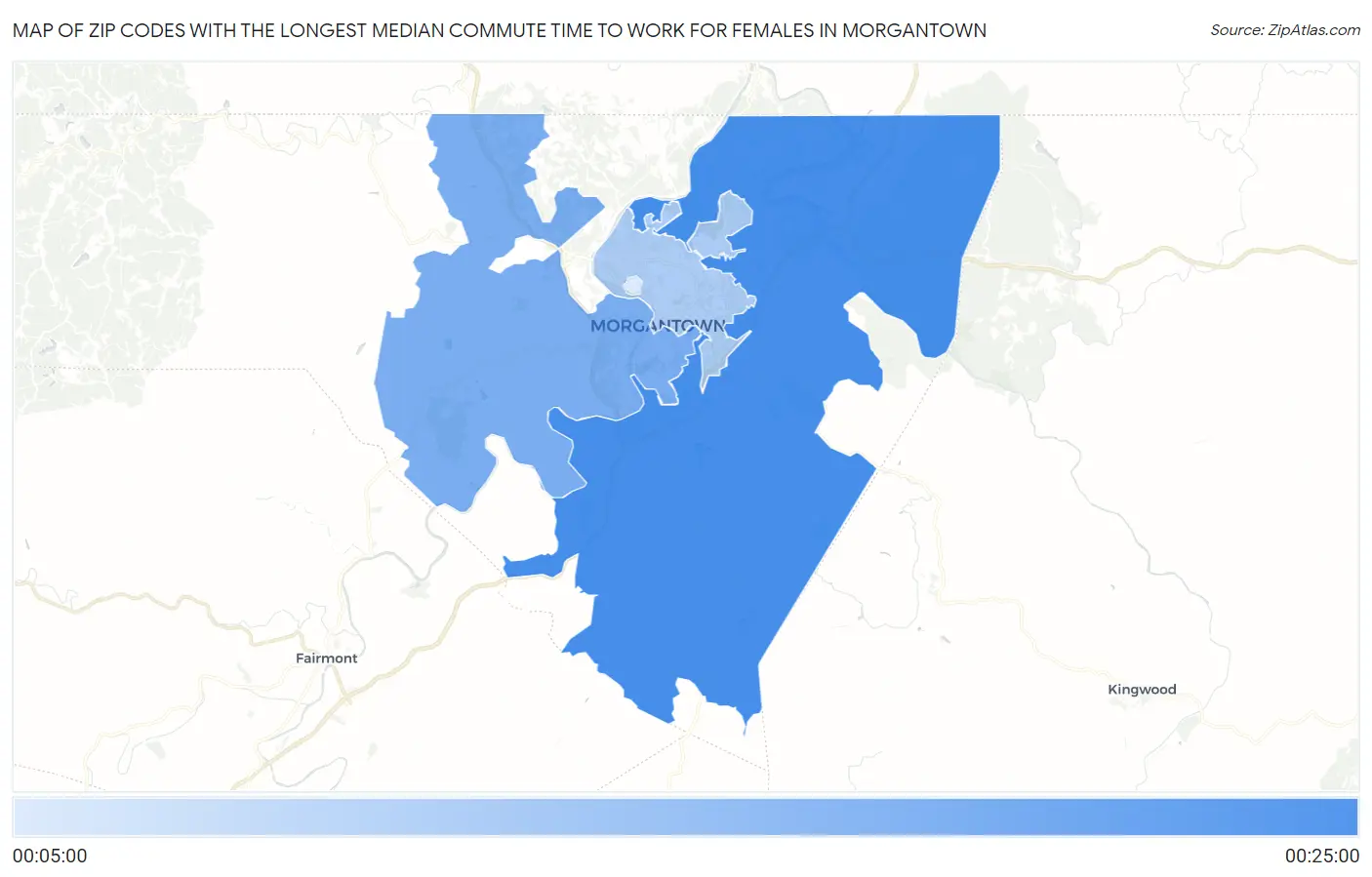 Zip Codes with the Longest Median Commute Time to Work for Females in Morgantown Map