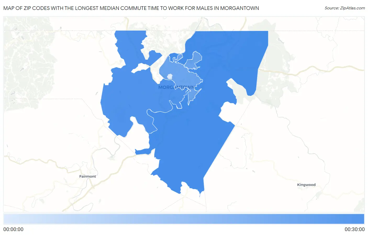 Zip Codes with the Longest Median Commute Time to Work for Males in Morgantown Map