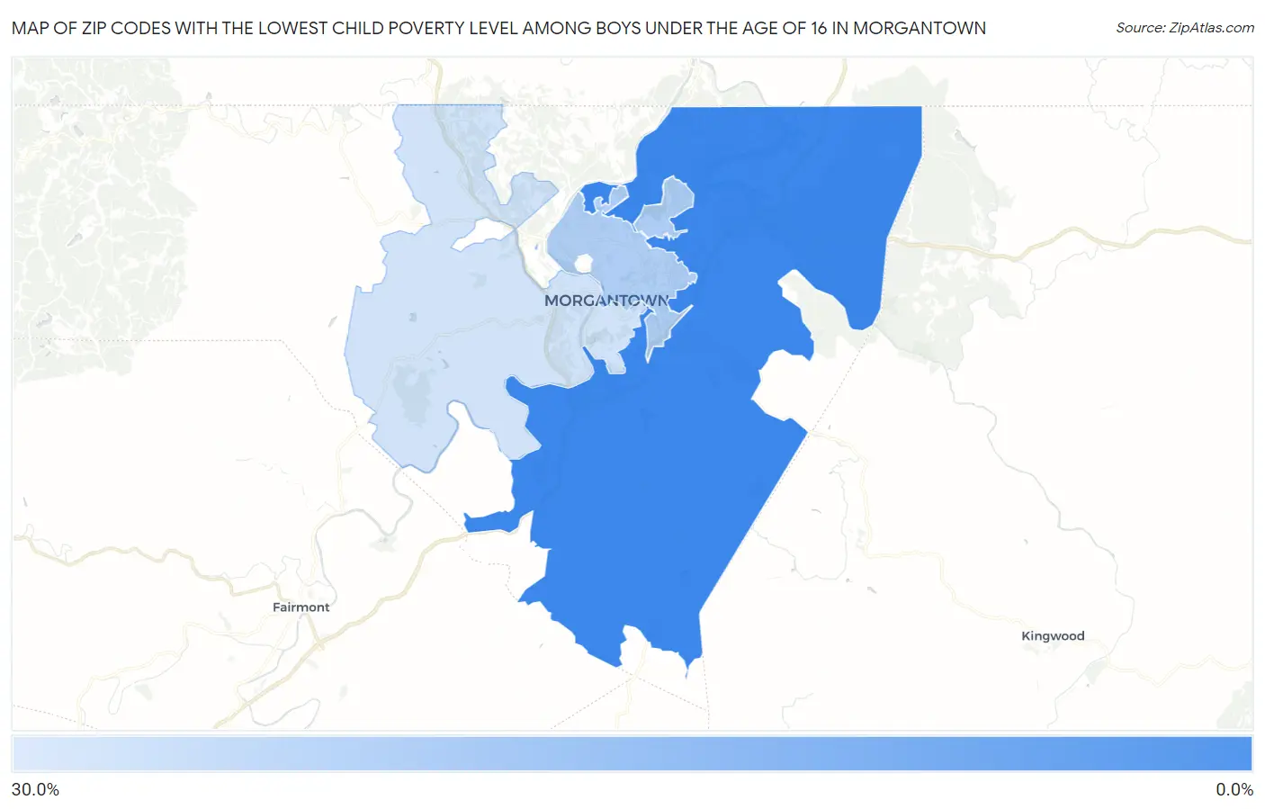 Zip Codes with the Lowest Child Poverty Level Among Boys Under the Age of 16 in Morgantown Map