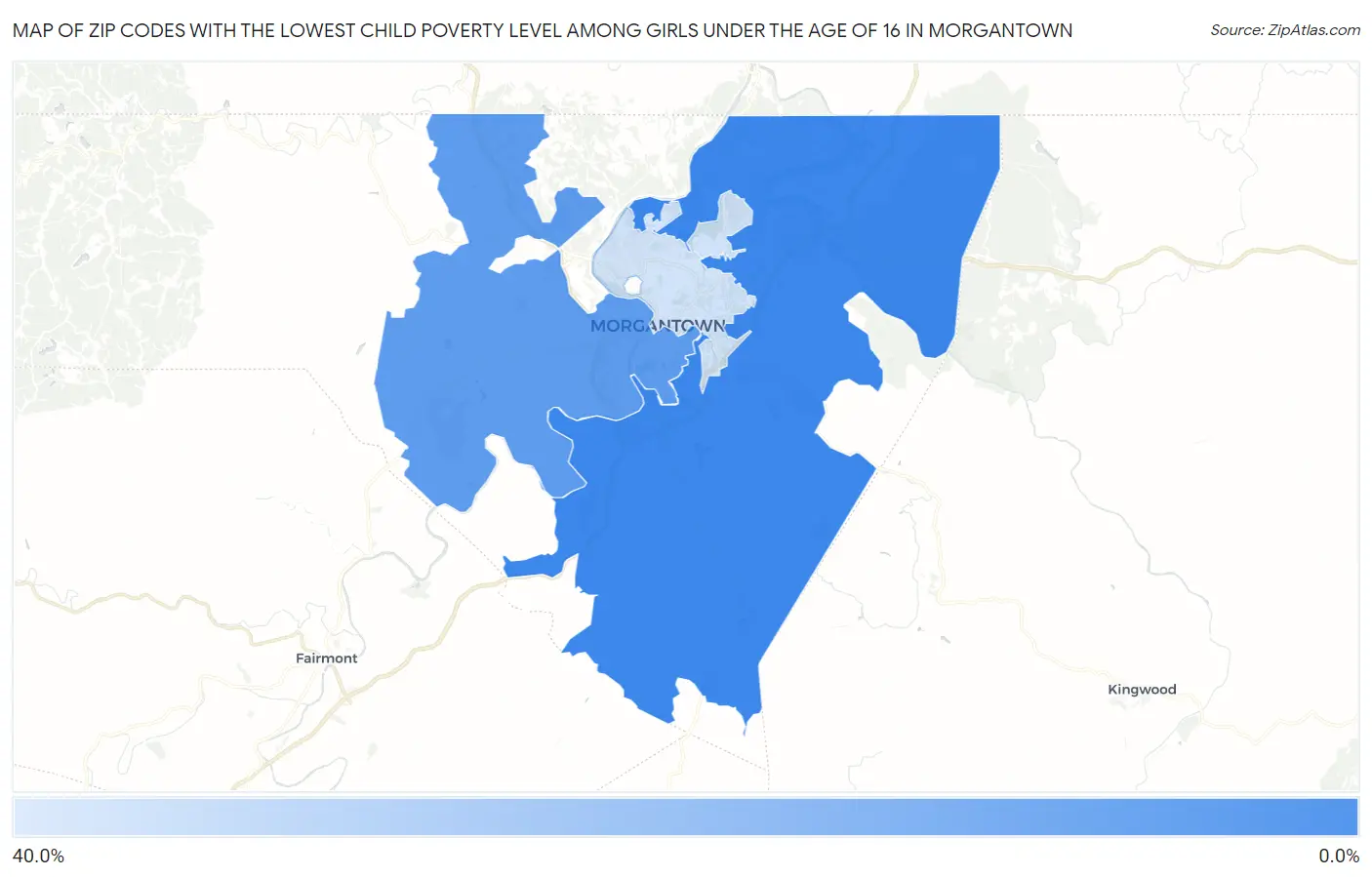 Zip Codes with the Lowest Child Poverty Level Among Girls Under the Age of 16 in Morgantown Map