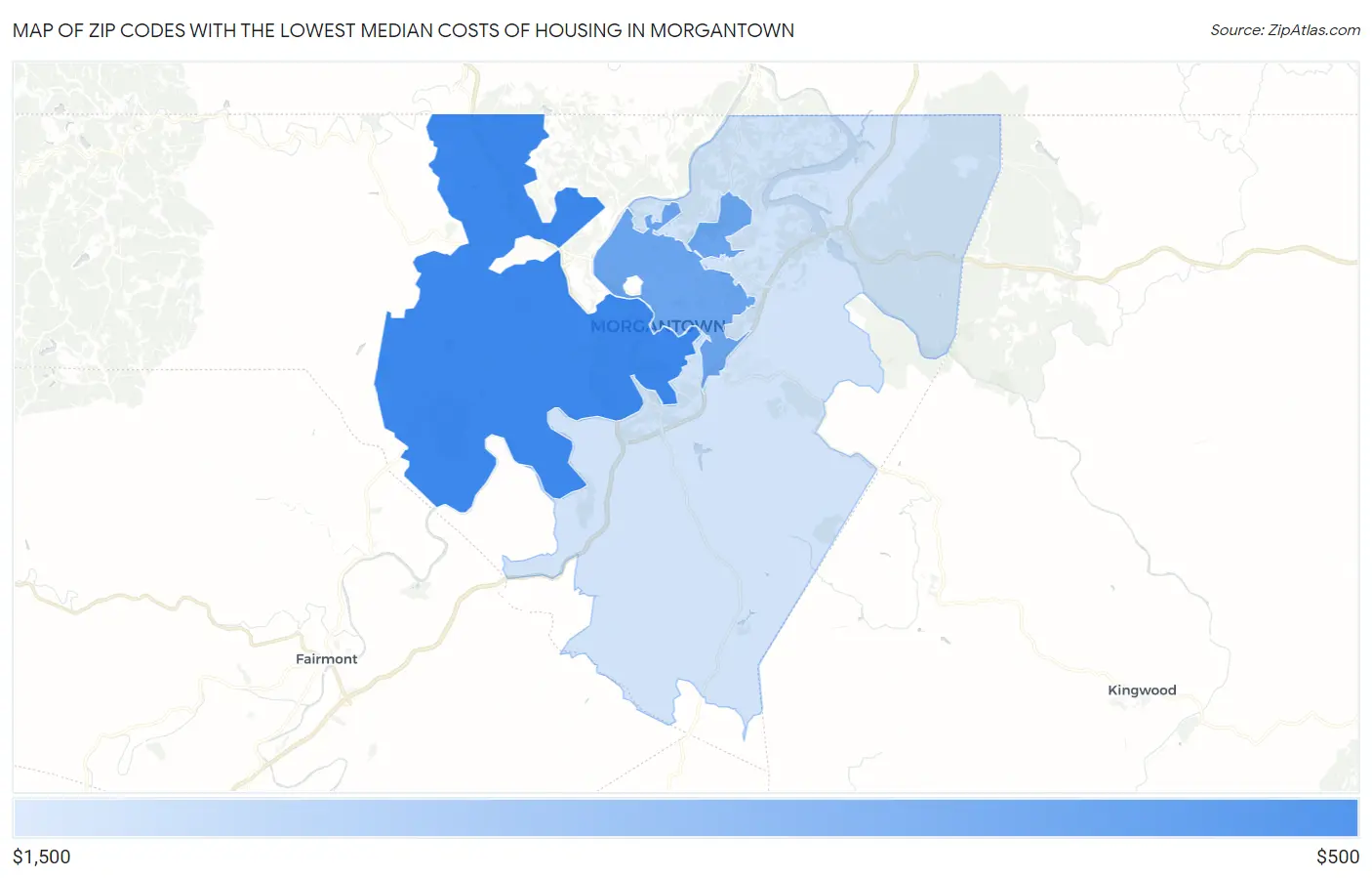 Zip Codes with the Lowest Median Costs of Housing in Morgantown Map