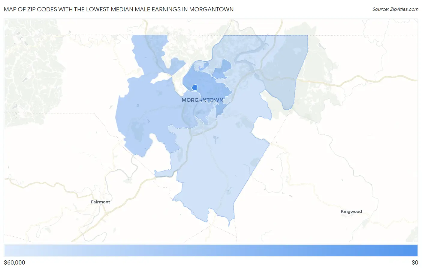 Zip Codes with the Lowest Median Male Earnings in Morgantown Map
